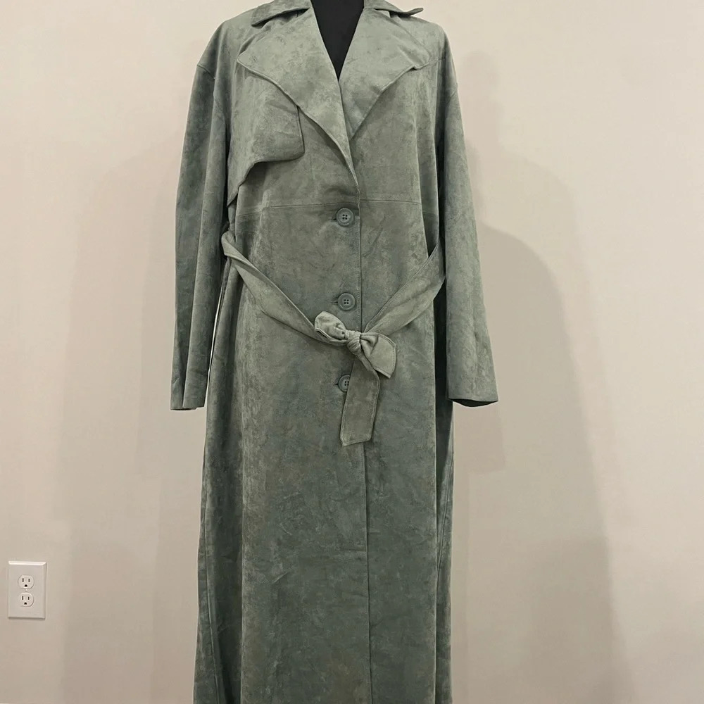 Anthropologie Blank NYC Green Faux Suede Plush Belted Trench Coat Jacket Sz XS - Picture 5 of 14